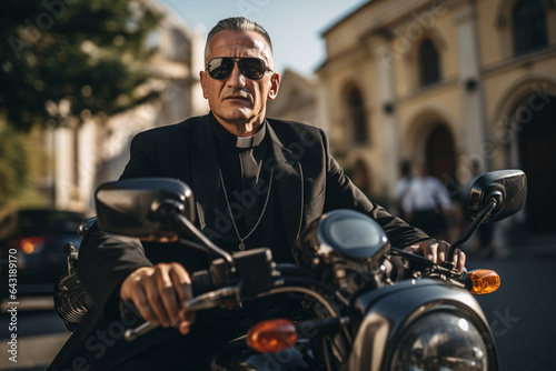 a cool priest looking at the camera on his motorcycle