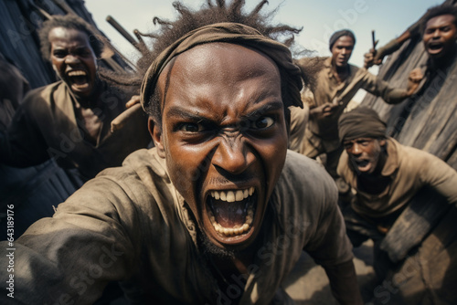 wide angle portrait of african pirates on their boat photo