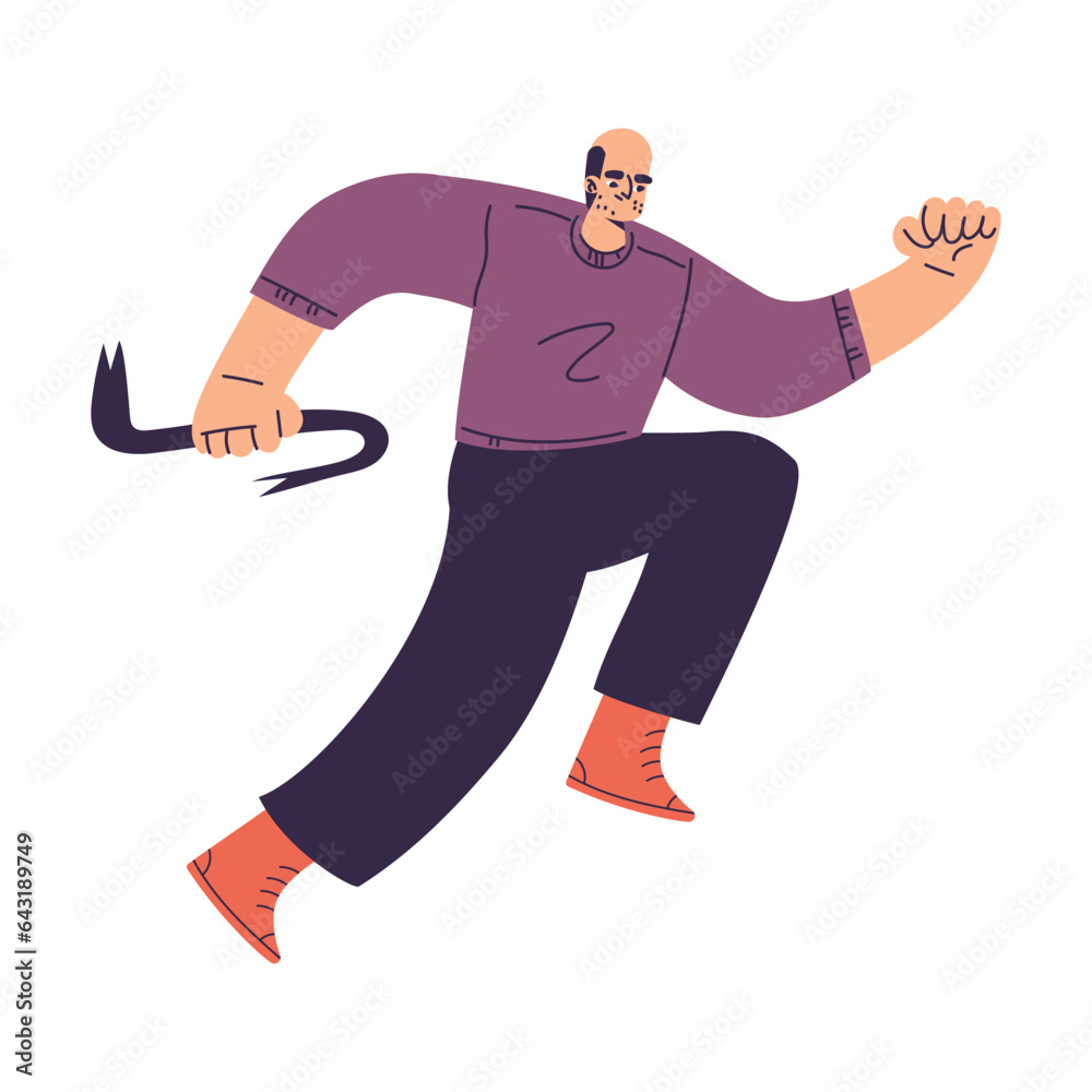 Man Criminal and Bandit Character Run with Crowbar Commit Crime Vector Illustration