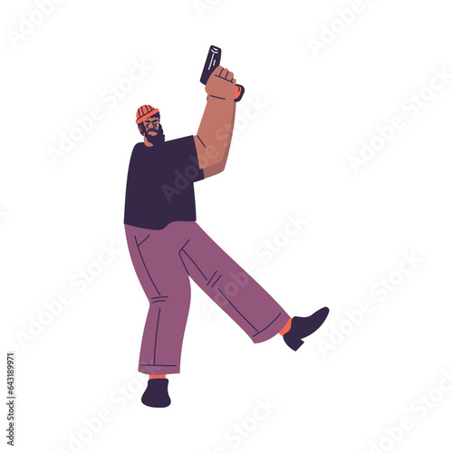 Bearded Man Criminal and Bandit Character with Pistol Commit Crime Vector Illustration