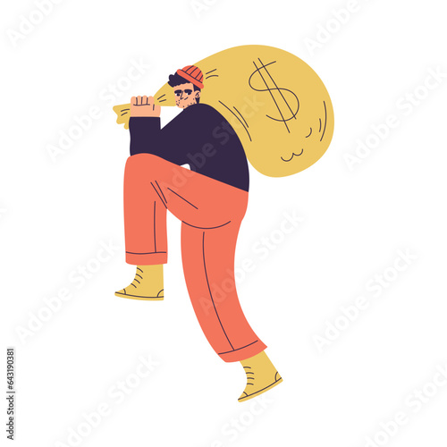 Man Criminal and Bandit Character Carry Money Sack Commit Crime Vector Illustration