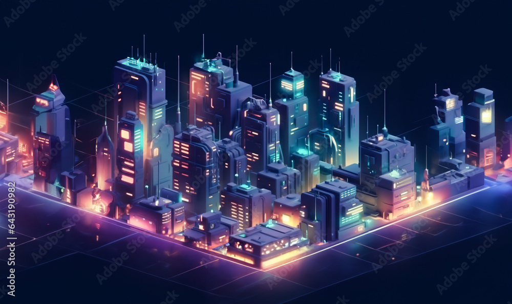 Fireworks in the city. A modern city with a wireless network connection. Futuristic neon city on a dark background. NFT, AI, isometric view, 3d, isometry