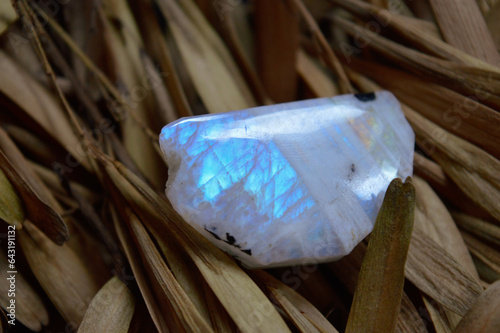 Moonstone mineral on leafs background