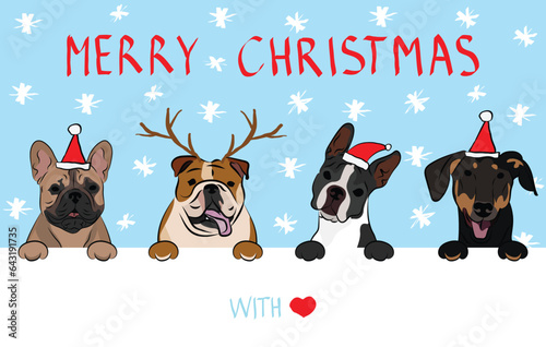 Merry Christmas postcard with dogs peeking out from the wall. Dog head with paws. Creative Happy Dog Christmas Card for puppy lovers. Mixed-Breed dog in Santa hat. Winter, Holiday character. Bulldog.