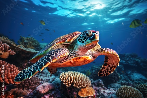 Turtle swimming above the coral reef. High quality photo