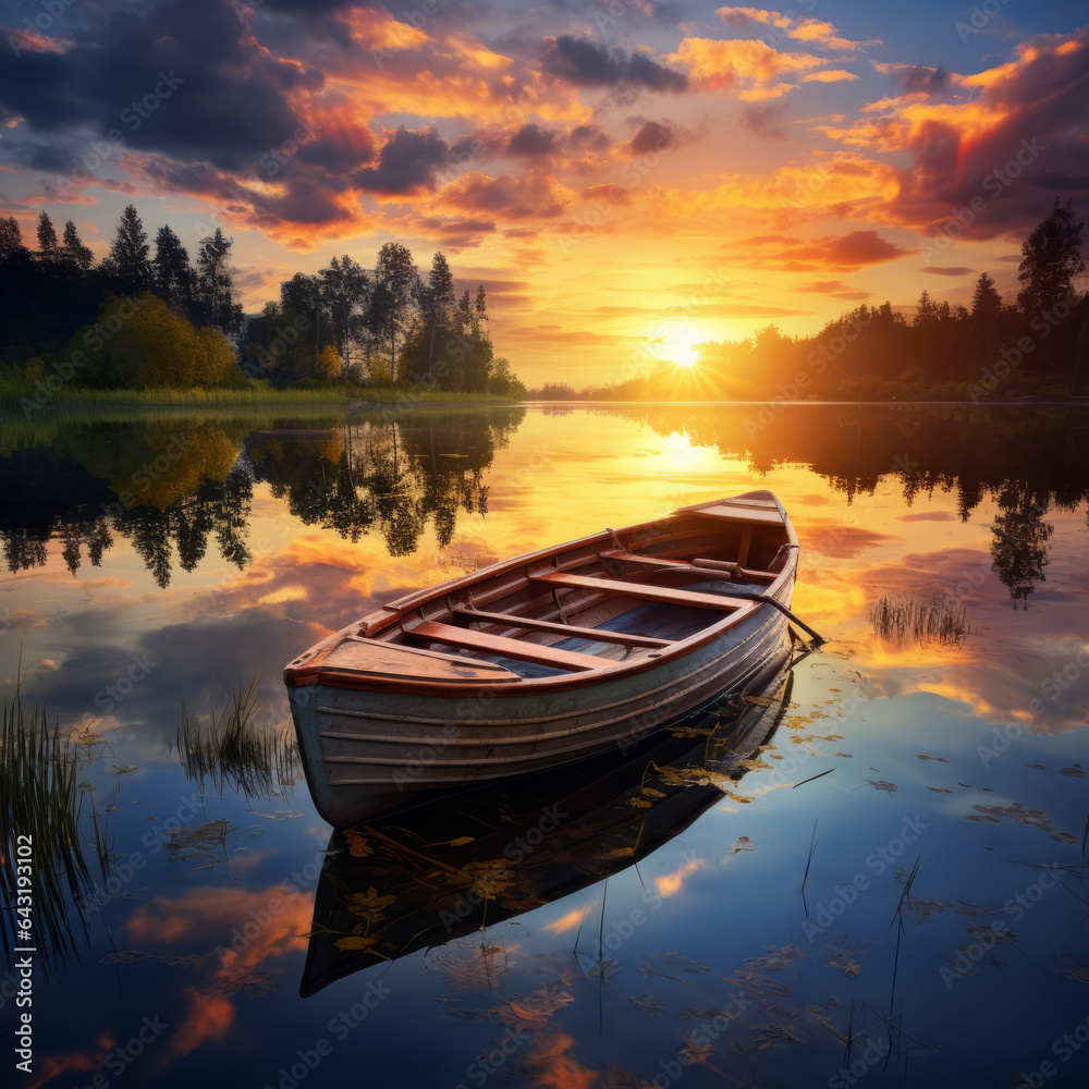 Serene scene of a boat on at sunrise/sunset