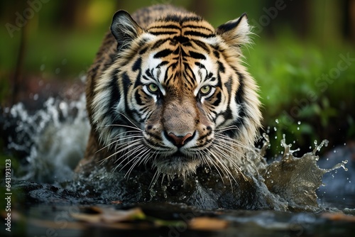 Danger animal, tajga, Russia. Animal in green forest stream. Grey stone, river droplet. Siberian tiger splash water. Tiger wildlife scene, wild cat, nature habitat