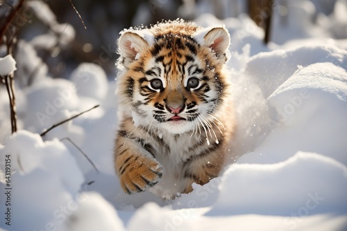 Cute Tiger cub playing in snow winter