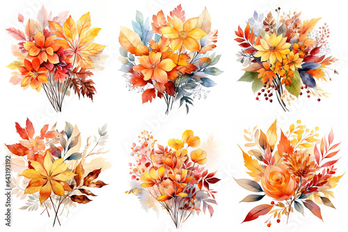 watercolor painting style illustration clipart of Autumn flower bouquet set collection isolated on white background, Generative Ai