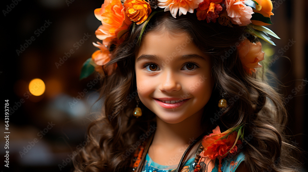 happy little girl in wreath of flowers