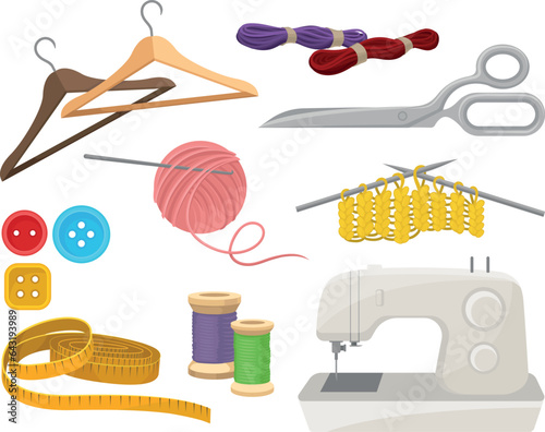 Flat vector set of objects related to sewing and knitting theme. Dressmaking instruments and materials