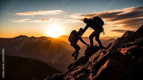 Couple of hikers are assisting each other while climbing a mountain at evening