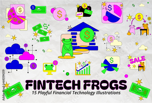 Set of Financial Technology Symbols with a fun, modern frog look