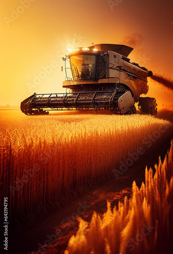 Harvester rides through a wheat field, at sunset. AI Generated photo