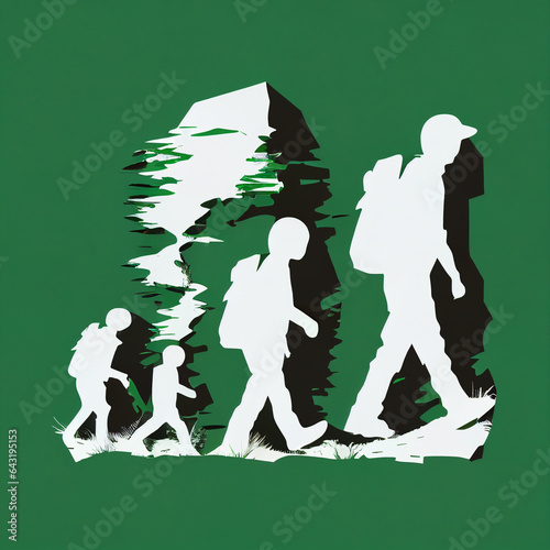 Pictogram of three hikers with a large backpack and hiking poles climbing a mountain in dark green tones. AI Generated