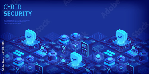 Cyber security concept. Antivirus, encryption, cloud data protection. Software development. Safety internet. Online information protect. Digital technology isometric vector background.