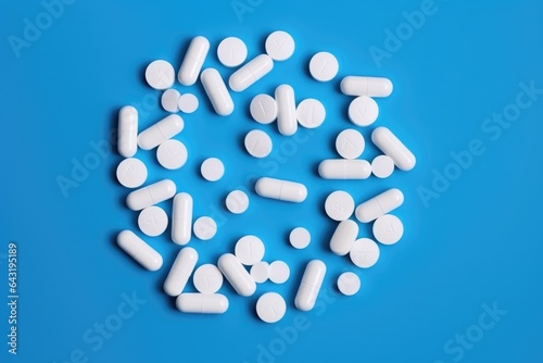 Medicines for the treatment top view on blue background