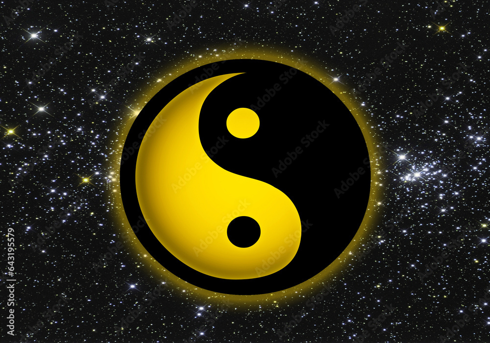 Yin-yang, fondo con estrellas. Ilustración. Símbolo. ilustração do