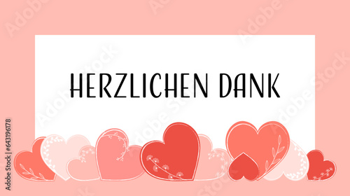 Herzlichen Dank - Schriftzug in deutscher Sprache. Dankeskarte mit einem Rahmen und Herzen in Rot und Rosé.