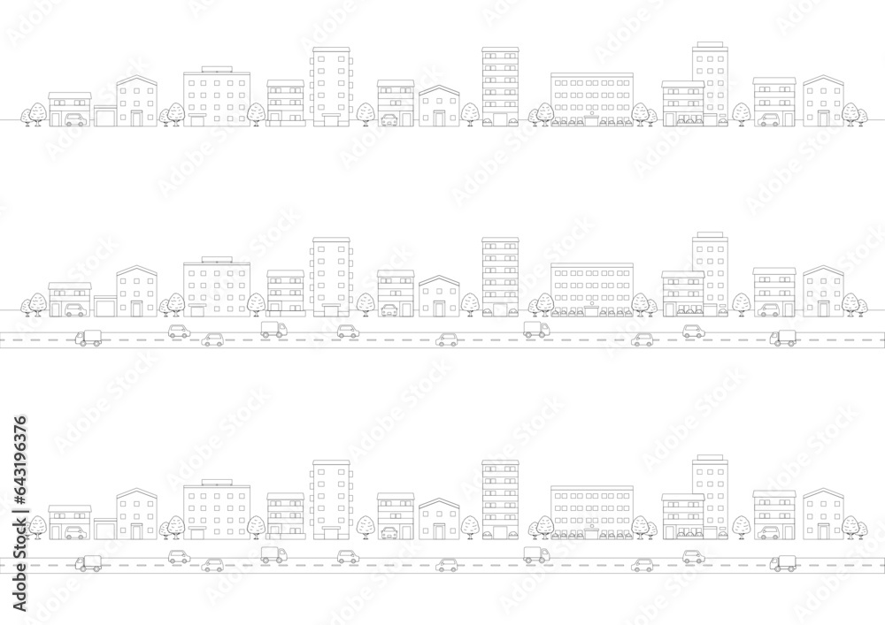 街の建物や車のイラストのセット_6_線画
