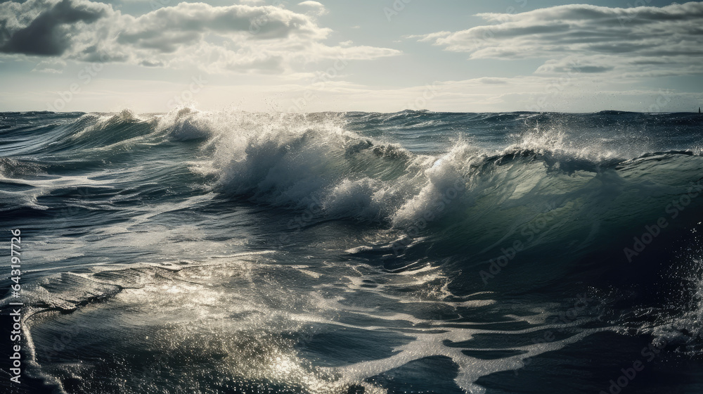 Obraz premium Powerful foamy sea waves rolling and splashing over water surface against cloudy blue sky.