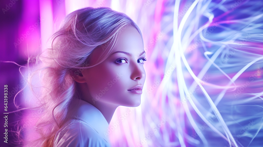 Portrait of young girl on pink background with glowing waves. Minimalistic and futuristic style with high-tech design elements. Banner.