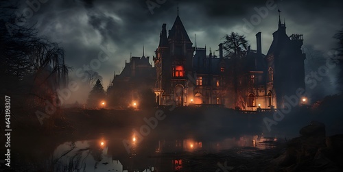Halloween holiday concept. Spookyold gothic castle, foggi night, haunted mansion.