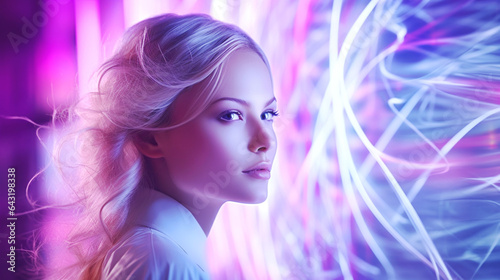 Portrait of young girl on pink background with glowing waves. Minimalistic and futuristic style with high-tech design elements. Banner.