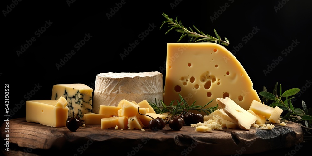 AI Generated. AI Generative. Different cheese parts on black background mock up. Graphic Art
