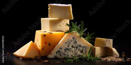 AI Generated. AI Generative. Different cheese parts on black background mock up. Can be used for store market promotion