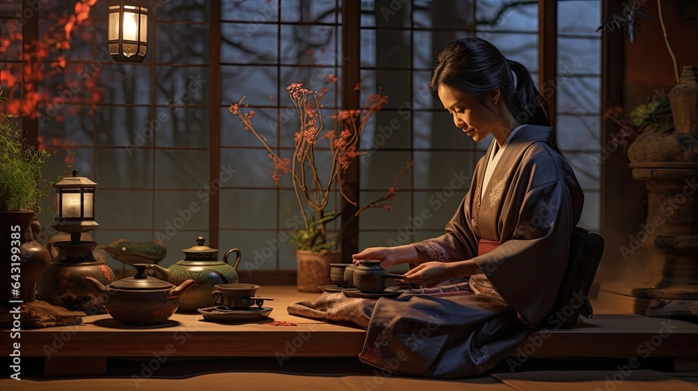 Model inside a traditional Asian tea house, showcasing cultural traditions, with tea ceremony elements in the foreground.