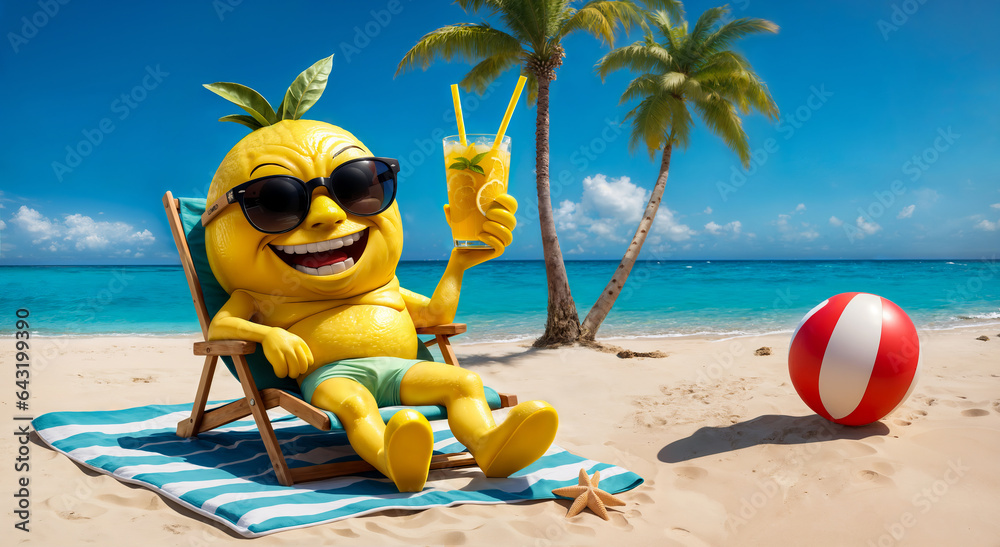 Cartoon Lemon Enjoying a Limonade Cocktail on a Beach Lounger.