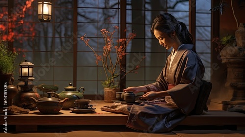 Model inside a traditional Asian tea house, showcasing cultural traditions, with tea ceremony elements in the foreground.