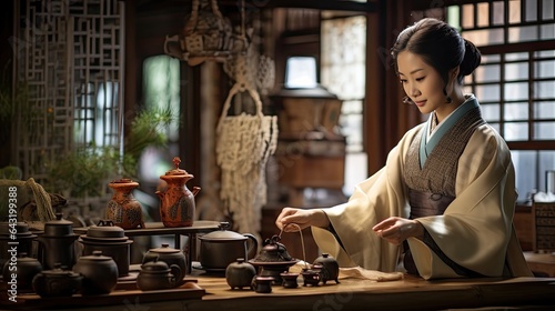 Model inside a traditional Asian tea house, showcasing cultural traditions, with tea ceremony elements in the foreground.