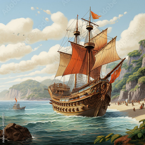 Illustration of a ship arriving in South America, Brazil. The discovery of Brazil by the Portuguese