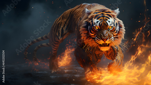 tiger walking through a fire with bright yellow eyes Generative AI © Mansi
