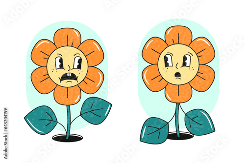 Frightened, offended groovy flowers. Halloween. Funny spooky emotional daisies
are arguing. Retro style. Isolated vector illustration. Hippie 60s, 70s style