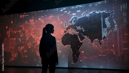  person standing in front of a giant digital screen with a flow of data showing various cyber threats and vulnerabilities 