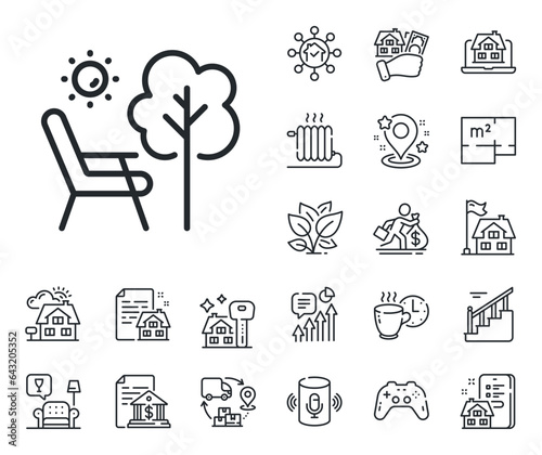 Chair furniture sign. Floor plan, stairs and lounge room outline icons. Deckchair line icon. Camping chair symbol. Deckchair line sign. House mortgage, sell building icon. Real estate. Vector