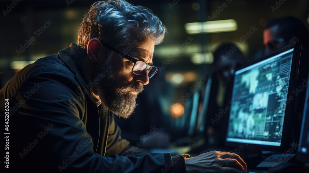 An older technology expert, confidently troubleshooting a complex network issue while surrounded by screens and cables.