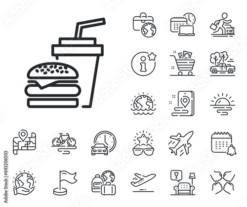 Fast food restaurant sign. Plane jet, travel map and baggage claim outline icons. Hamburger with drink line icon. Hamburger or cheeseburger symbol. Hamburger line sign. Vector
