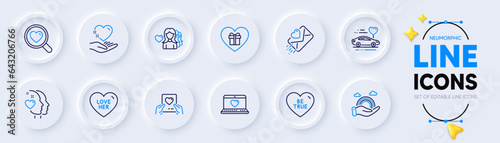 Romantic gift, Woman love and Web love line icons for web app. Pack of Heart, Honeymoon travel, Hold heart pictogram icons. Be true, Lgbt signs. Romantic people, Social network. Vector