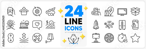 Icons set of Resilience, Selfie stick and Send box line icons pack for app with Monitor, Scroll down, Cyber attack thin outline icon. Airplane mode, Share call, Rocket pictogram. Vector