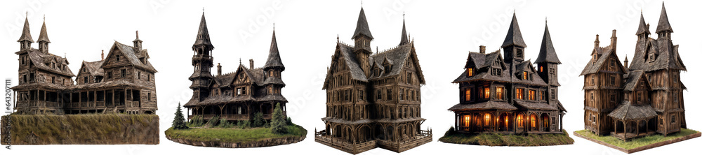 Set Collection of Halloween haunted house Spooky Night, Isolated on transparent background, Realistic Halloween dark house PNG illustrate. Generative AI.