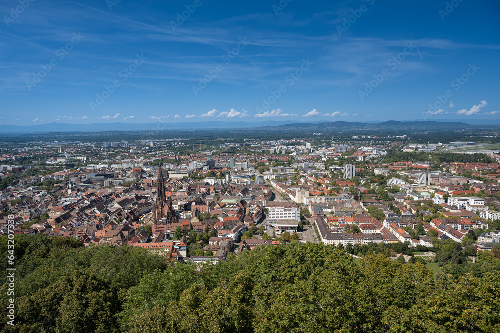 Freiburg im Breisgau. View over the roofs of the old town with Freiburg Cathedral. Baden-Wuerttemberg, Germany, Europe