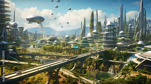 an alien city with many spaceships flying over the buildings and mountains in the distance, there is a bridge that leads you to photo