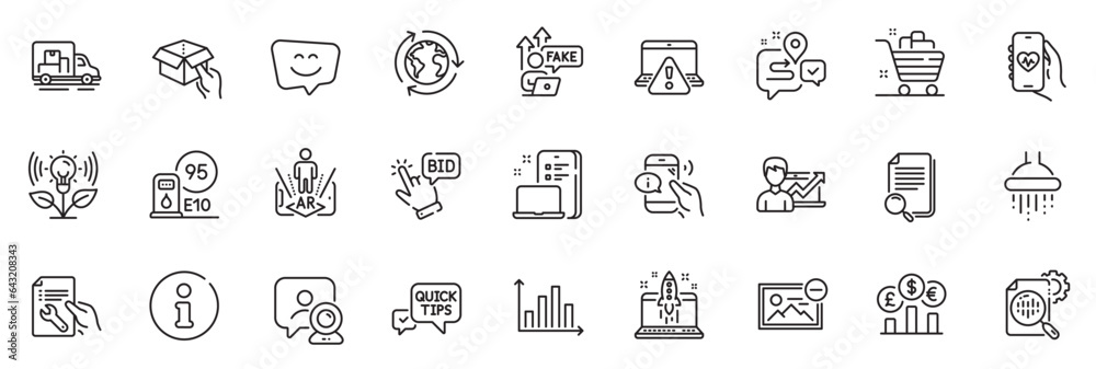 Icons pack as Currency rate, Quick tips and Shower line icons for app include Bid offer, Search file, Grocery basket outline thin icon web set. Success business, Device, Health app pictogram. Vector
