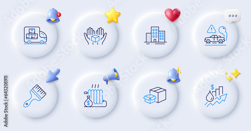 Exhaust, Radiator and Rise price line icons. Buttons with 3d bell, chat speech, cursor. Pack of Brush, Delivery truck, Hold box icon. Buildings, Packing boxes pictogram. For web app, printing. Vector