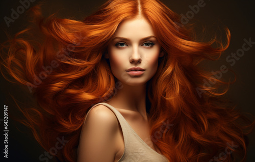 Beautiful model girl with long red hair on a black background