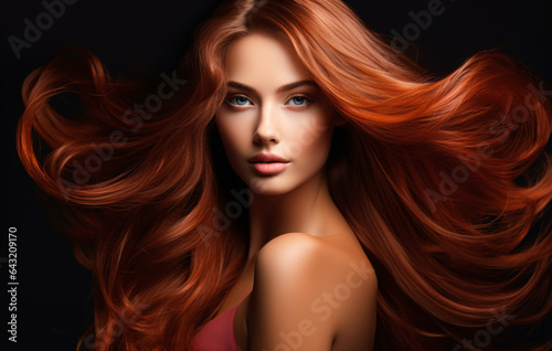 Beautiful model girl with long red hair on a black background